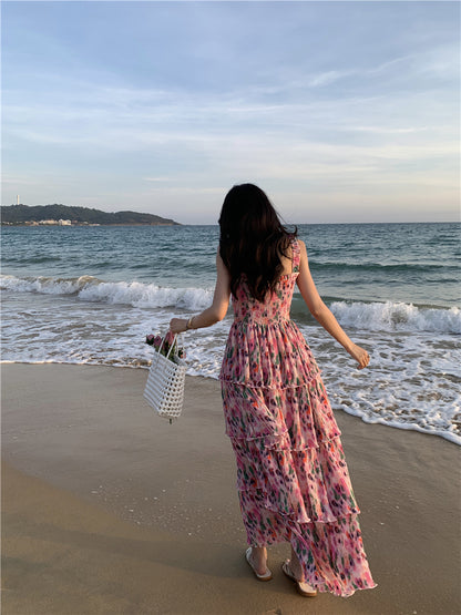 Ornate Floral Print A-Line Cinched Bodice Maxi Dress Glamorous Spaghetti Straps Tiered Hem Long Dress AP3596