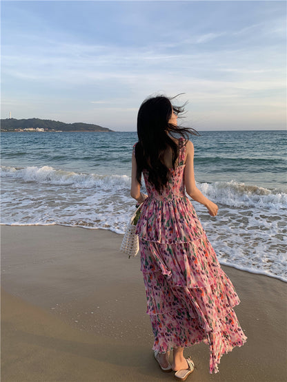 Ornate Floral Print A-Line Cinched Bodice Maxi Dress Glamorous Spaghetti Straps Tiered Hem Long Dress AP3596