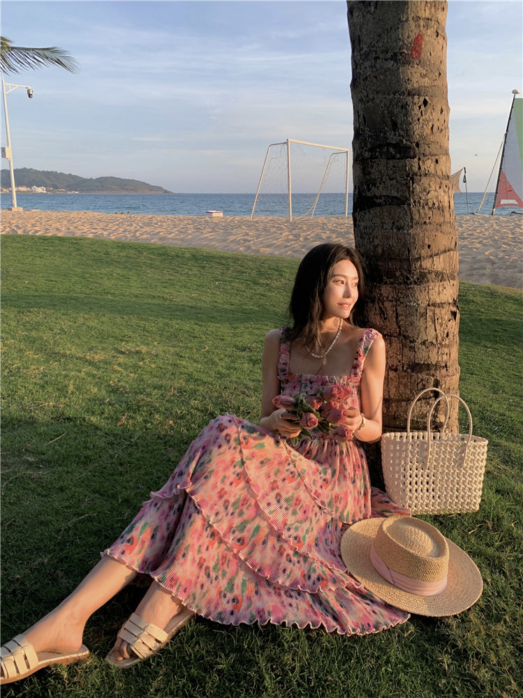 Ornate Floral Print A-Line Cinched Bodice Maxi Dress Glamorous Spaghetti Straps Tiered Hem Long Dress AP3596