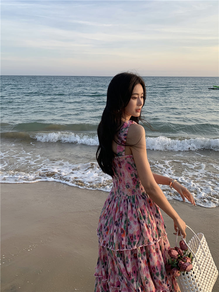 Ornate Floral Print A-Line Cinched Bodice Maxi Dress Glamorous Spaghetti Straps Tiered Hem Long Dress AP3596