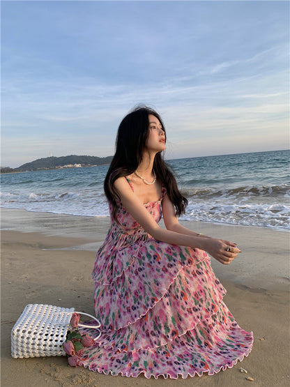 Ornate Floral Print A-Line Cinched Bodice Maxi Dress Glamorous Spaghetti Straps Tiered Hem Long Dress AP3596