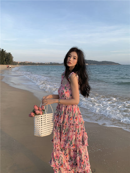 Ornate Floral Print A-Line Cinched Bodice Maxi Dress Glamorous Spaghetti Straps Tiered Hem Long Dress AP3596