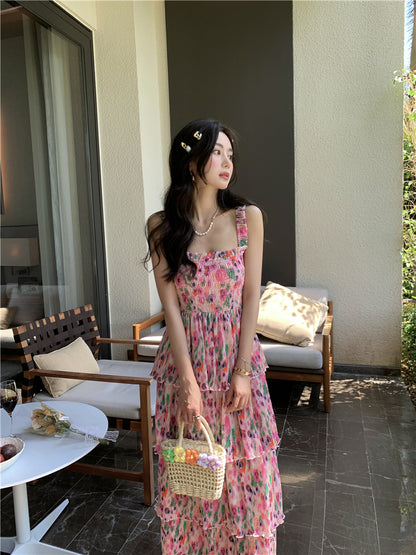 Ornate Floral Print A-Line Cinched Bodice Maxi Dress Glamorous Spaghetti Straps Tiered Hem Long Dress AP3596