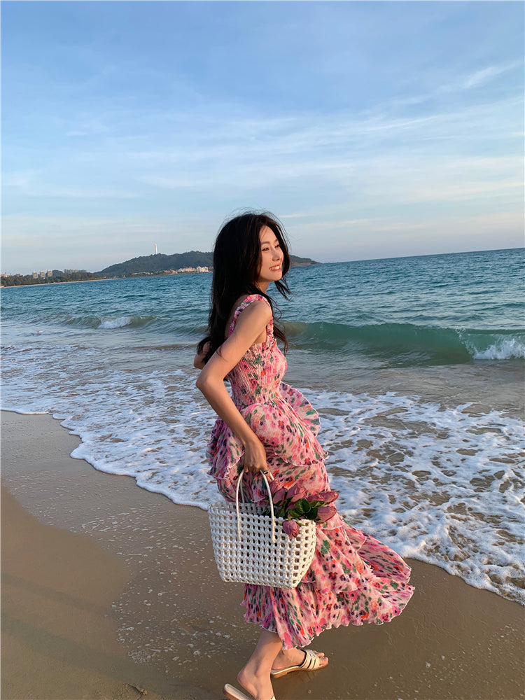 Ornate Floral Print A-Line Cinched Bodice Maxi Dress Glamorous Spaghetti Straps Tiered Hem Long Dress AP3596