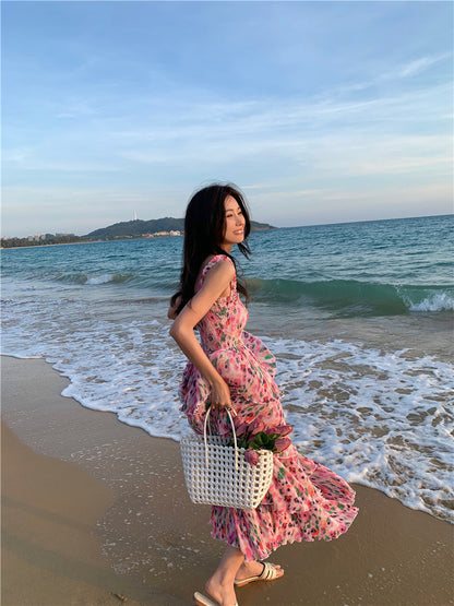 Ornate Floral Print A-Line Cinched Bodice Maxi Dress Glamorous Spaghetti Straps Tiered Hem Long Dress AP3596