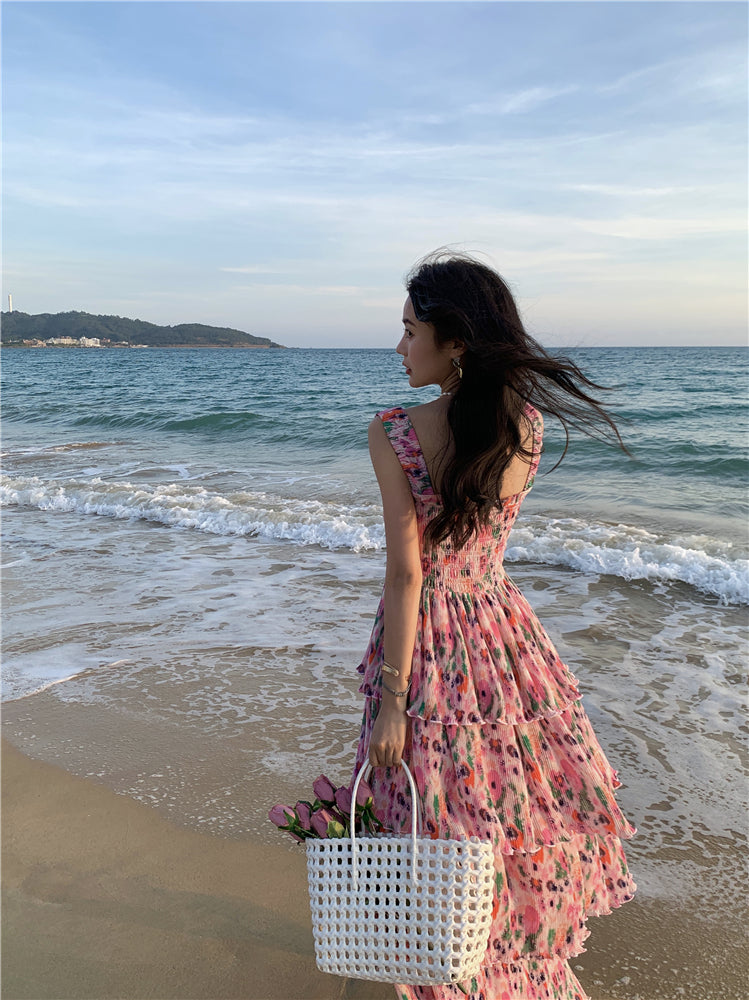 Ornate Floral Print A-Line Cinched Bodice Maxi Dress Glamorous Spaghetti Straps Tiered Hem Long Dress AP3596