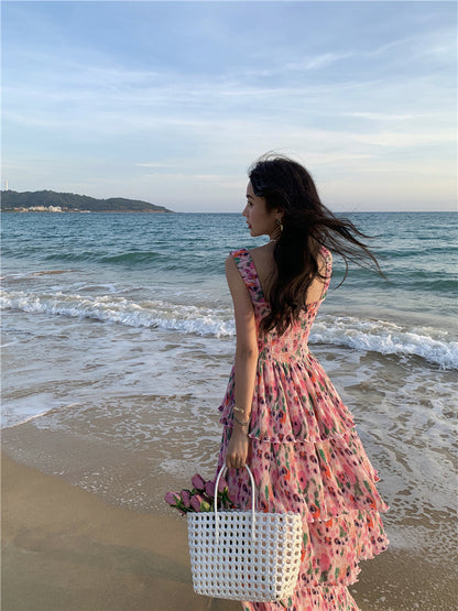 Ornate Floral Print A-Line Cinched Bodice Maxi Dress Glamorous Spaghetti Straps Tiered Hem Long Dress AP3596