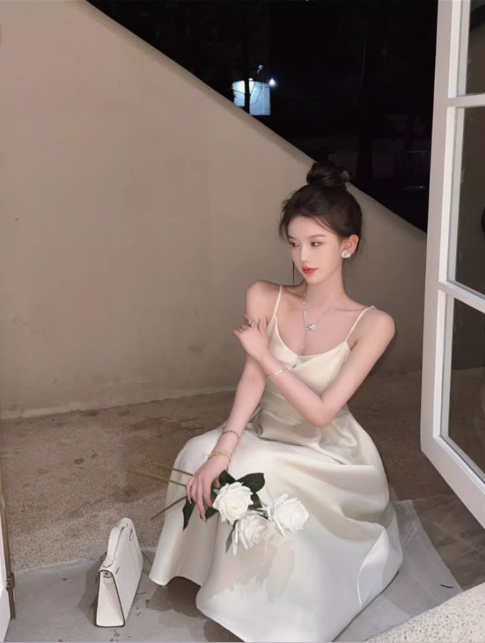 Romantic A-Line Spaghetti Straps White Maxi Dress Elegant Satin Sheen Cinched-Waist Long Dress AP3597