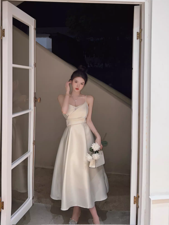 Romantic A-Line Spaghetti Straps White Maxi Dress Elegant Satin Sheen Cinched-Waist Long Dress AP3597