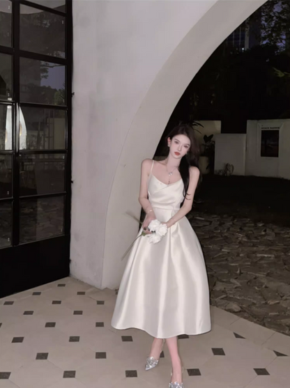 Romantic A-Line Spaghetti Straps White Maxi Dress Elegant Satin Sheen Cinched-Waist Long Dress AP3597