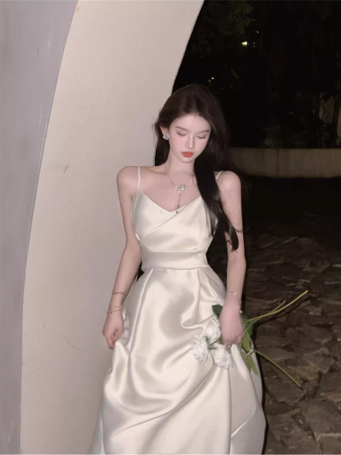 Romantic A-Line Spaghetti Straps White Maxi Dress Elegant Satin Sheen Cinched-Waist Long Dress AP3597