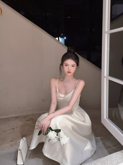 Romantic A-Line Spaghetti Straps White Maxi Dress Elegant Satin Sheen Cinched-Waist Long Dress AP3597