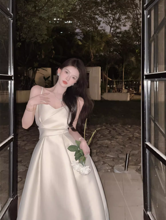 Romantic A-Line Spaghetti Straps White Maxi Dress Elegant Satin Sheen Cinched-Waist Long Dress AP3597