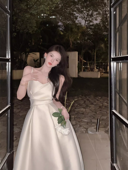 Romantic A-Line Spaghetti Straps White Maxi Dress Elegant Satin Sheen Cinched-Waist Long Dress AP3597