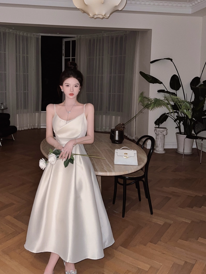 Romantic A-Line Spaghetti Straps White Maxi Dress Elegant Satin Sheen Cinched-Waist Long Dress AP3597