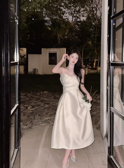 Romantic A-Line Spaghetti Straps White Maxi Dress Elegant Satin Sheen Cinched-Waist Long Dress AP3597