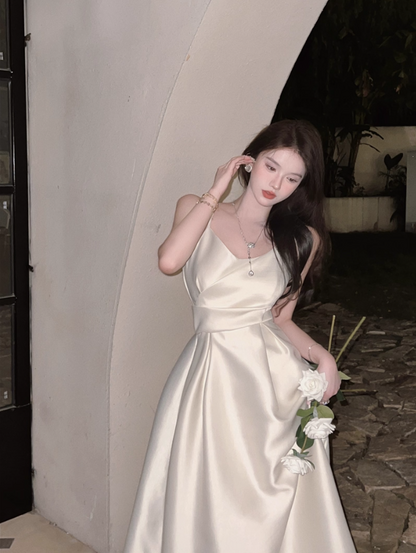 Romantic A-Line Spaghetti Straps White Maxi Dress Elegant Satin Sheen Cinched-Waist Long Dress AP3597