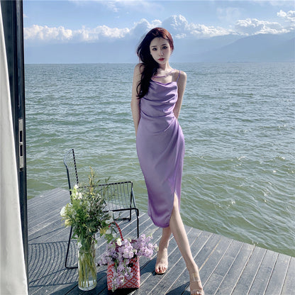 Enticing Sheath Spaghetti Straps Purple Midi Dress Elegant Slit Draped Long Dress AP3598