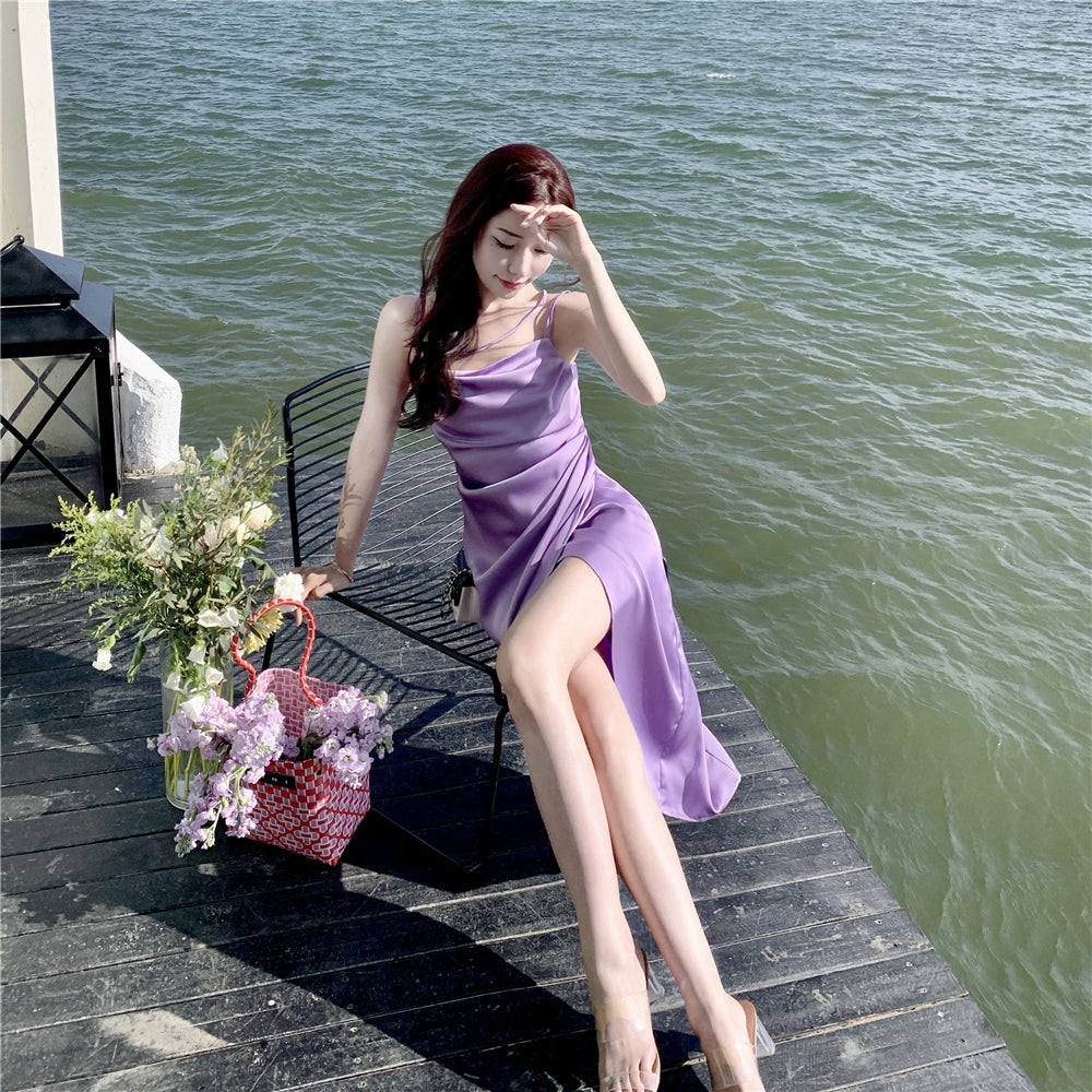 Enticing Sheath Spaghetti Straps Purple Midi Dress Elegant Slit Draped Long Dress AP3598
