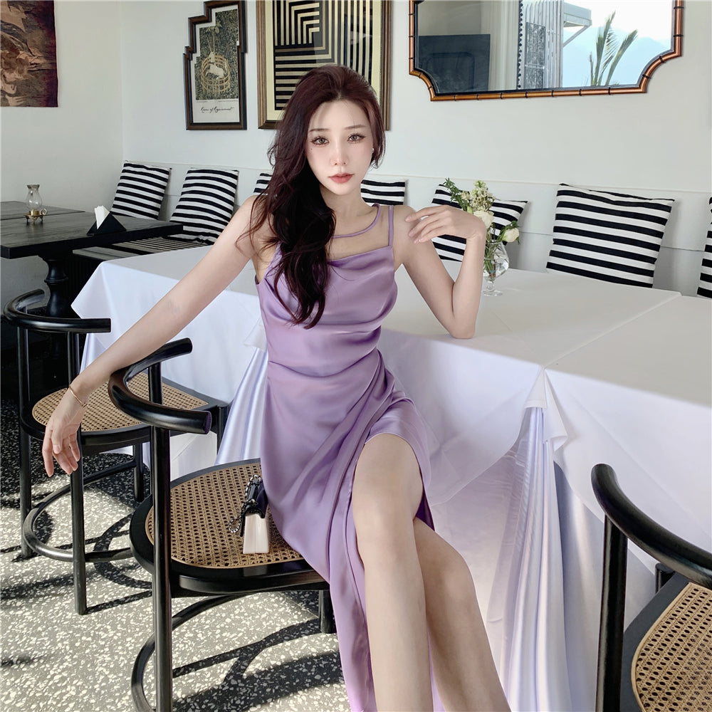 Enticing Sheath Spaghetti Straps Purple Midi Dress Elegant Slit Draped Long Dress AP3598