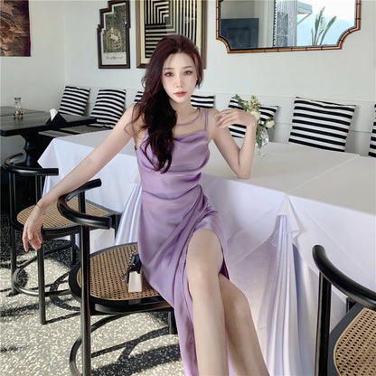 Enticing Sheath Spaghetti Straps Purple Midi Dress Elegant Slit Draped Long Dress AP3598