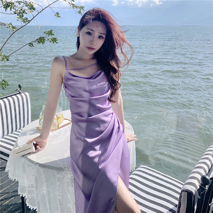 Enticing Sheath Spaghetti Straps Purple Midi Dress Elegant Slit Draped Long Dress AP3598