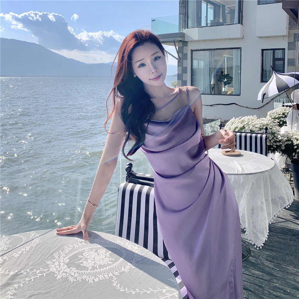 Enticing Sheath Spaghetti Straps Purple Midi Dress Elegant Slit Draped Long Dress AP3598
