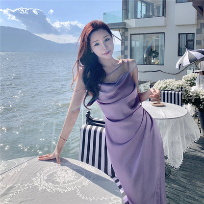 Enticing Sheath Spaghetti Straps Purple Midi Dress Elegant Slit Draped Long Dress AP3598