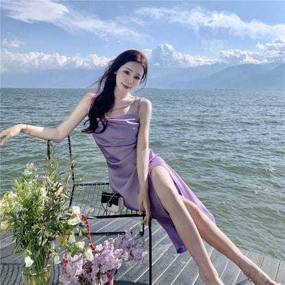 Enticing Sheath Spaghetti Straps Purple Midi Dress Elegant Slit Draped Long Dress AP3598