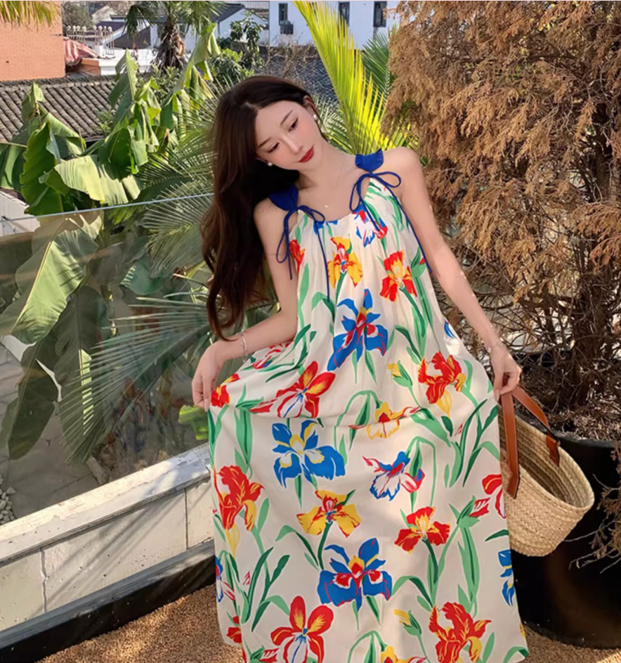 Appealing Spaghetti Straps Loose Fit Maxi Dress Everyday Wear A-Line Floral Print Long Dress AP3601