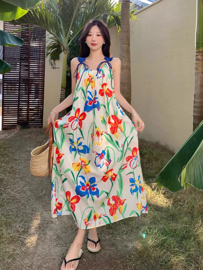 Appealing Spaghetti Straps Loose Fit Maxi Dress Everyday Wear A-Line Floral Print Long Dress AP3601