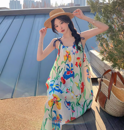 Appealing Spaghetti Straps Loose Fit Maxi Dress Everyday Wear A-Line Floral Print Long Dress AP3601