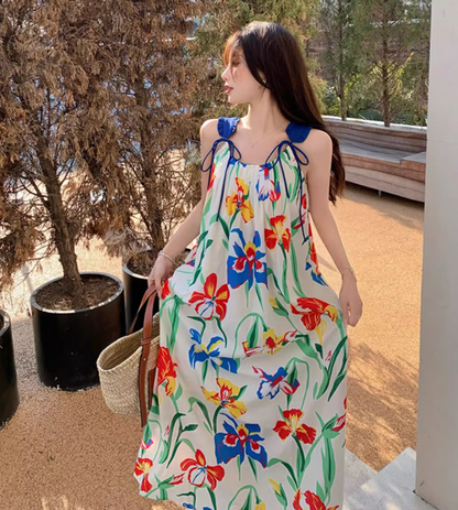 Appealing Spaghetti Straps Loose Fit Maxi Dress Everyday Wear A-Line Floral Print Long Dress AP3601