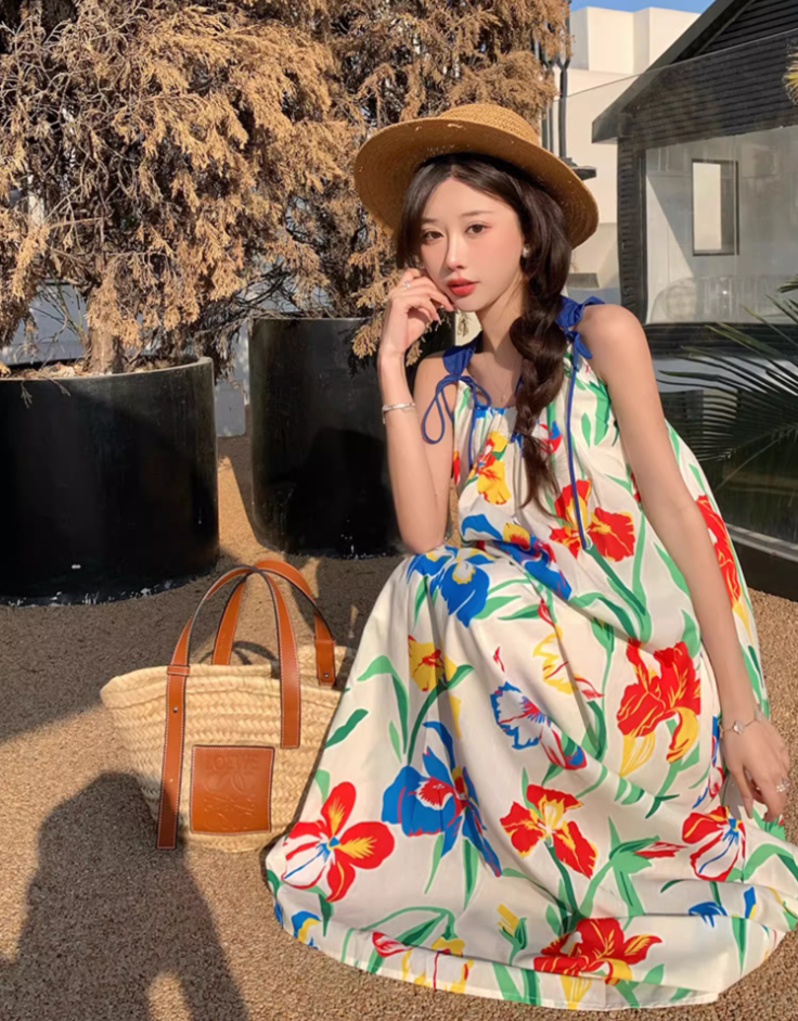 Appealing Spaghetti Straps Loose Fit Maxi Dress Everyday Wear A-Line Floral Print Long Dress AP3601