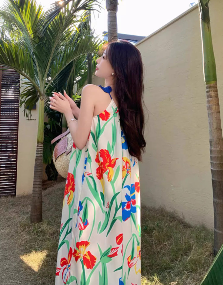 Appealing Spaghetti Straps Loose Fit Maxi Dress Everyday Wear A-Line Floral Print Long Dress AP3601