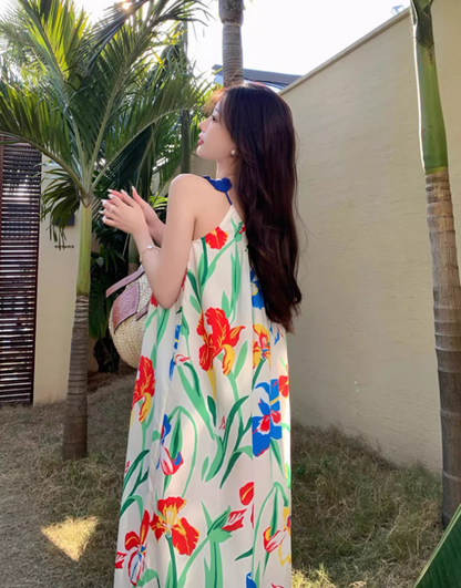 Appealing Spaghetti Straps Loose Fit Maxi Dress Everyday Wear A-Line Floral Print Long Dress AP3601