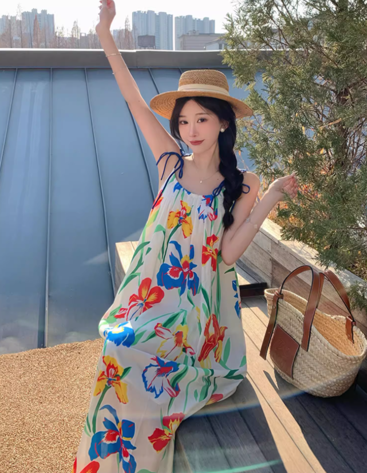 Appealing Spaghetti Straps Loose Fit Maxi Dress Everyday Wear A-Line Floral Print Long Dress AP3601