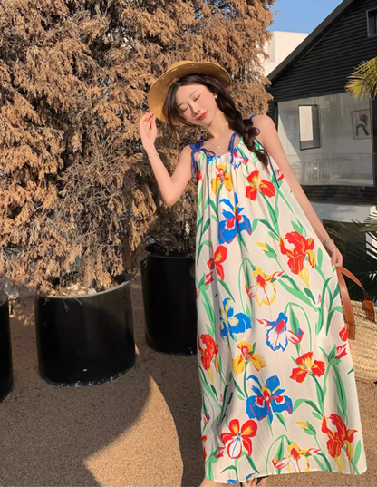 Appealing Spaghetti Straps Loose Fit Maxi Dress Everyday Wear A-Line Floral Print Long Dress AP3601