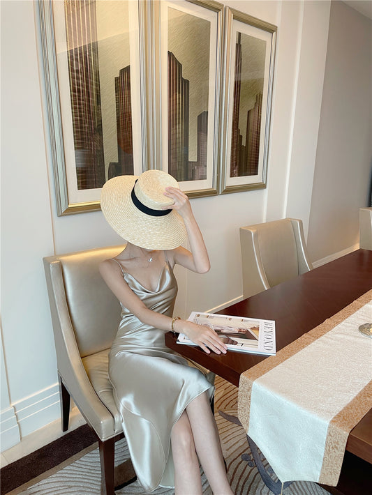 Amazing Sheath Spaghetti Straps Midi Dress Simple Cowl Neck Sheen Fabric Long Dress AP3602