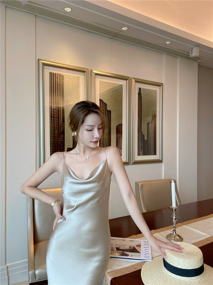 Amazing Sheath Spaghetti Straps Midi Dress Simple Cowl Neck Sheen Fabric Long Dress AP3602