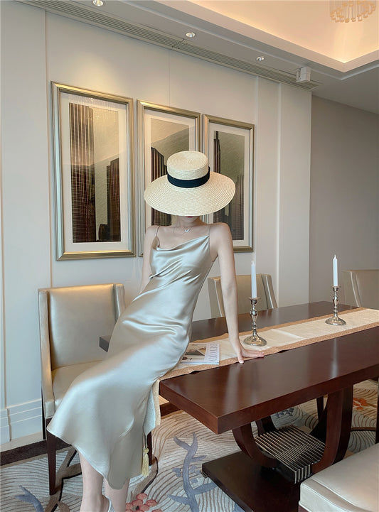 Amazing Sheath Spaghetti Straps Midi Dress Simple Cowl Neck Sheen Fabric Long Dress AP3602