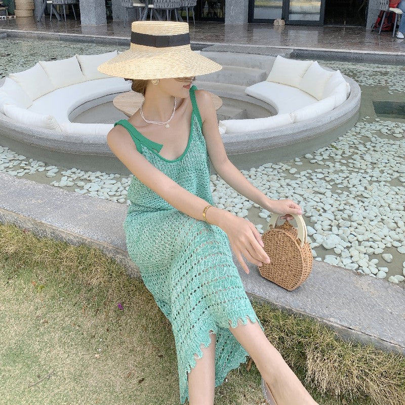Wonderful Spaghetti Straps Green Knitted Midi Dress Vogue Sheath Everyday Wear Getaways OOTD Long Dress AP3603