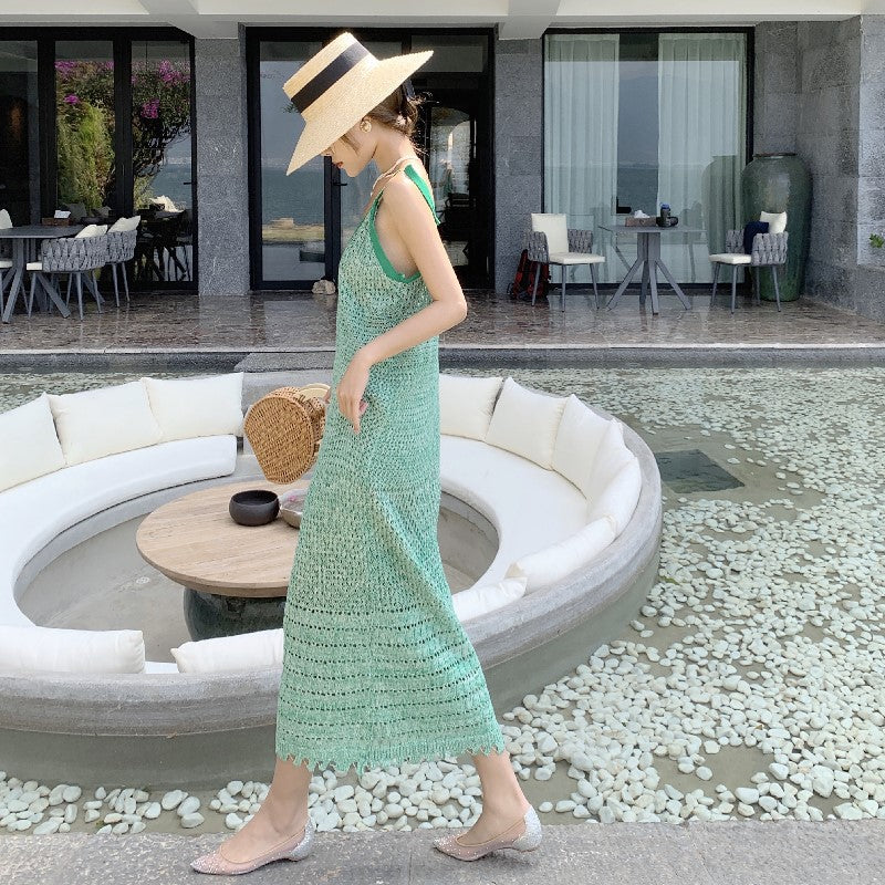 Wonderful Spaghetti Straps Green Knitted Midi Dress Vogue Sheath Everyday Wear Getaways OOTD Long Dress AP3603