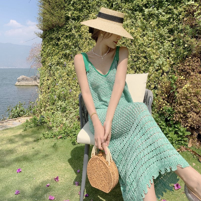 Wonderful Spaghetti Straps Green Knitted Midi Dress Vogue Sheath Everyday Wear Getaways OOTD Long Dress AP3603