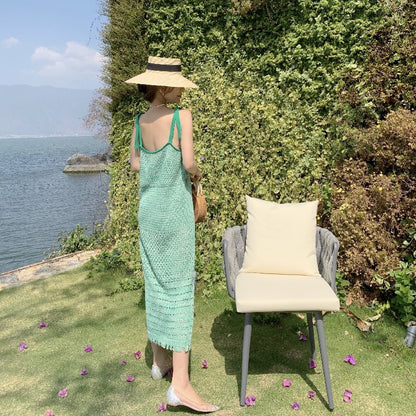 Wonderful Spaghetti Straps Green Knitted Midi Dress Vogue Sheath Everyday Wear Getaways OOTD Long Dress AP3603