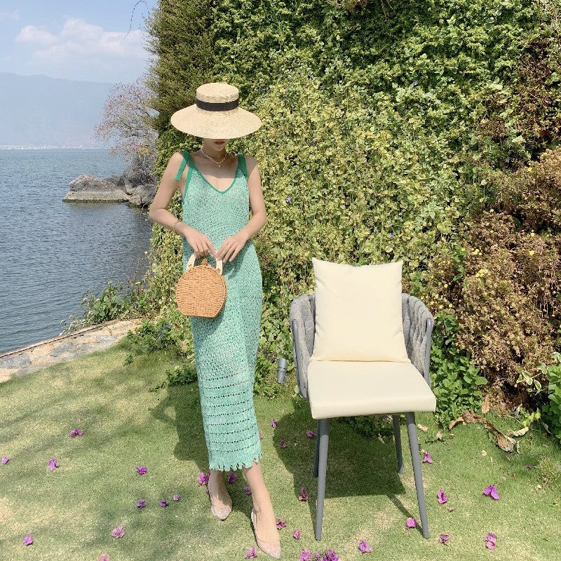 Wonderful Spaghetti Straps Green Knitted Midi Dress Vogue Sheath Everyday Wear Getaways OOTD Long Dress AP3603