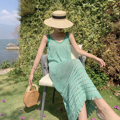 Wonderful Spaghetti Straps Green Knitted Midi Dress Vogue Sheath Everyday Wear Getaways OOTD Long Dress AP3603