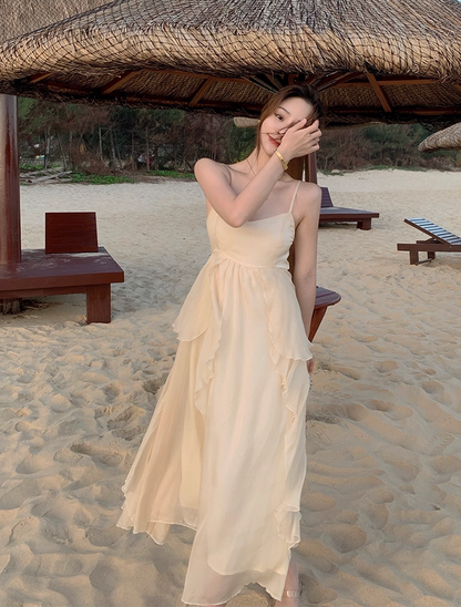 Superb A-Line Flowy Hem Maxi Dress Dreamy Spaghetti Straps Layered Tulle Long Dress AP3604