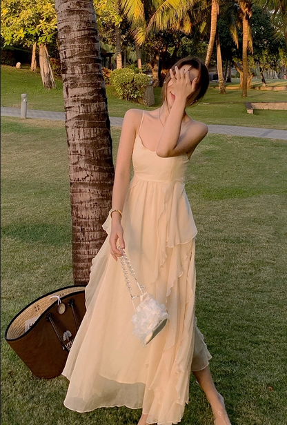 Superb A-Line Flowy Hem Maxi Dress Dreamy Spaghetti Straps Layered Tulle Long Dress AP3604