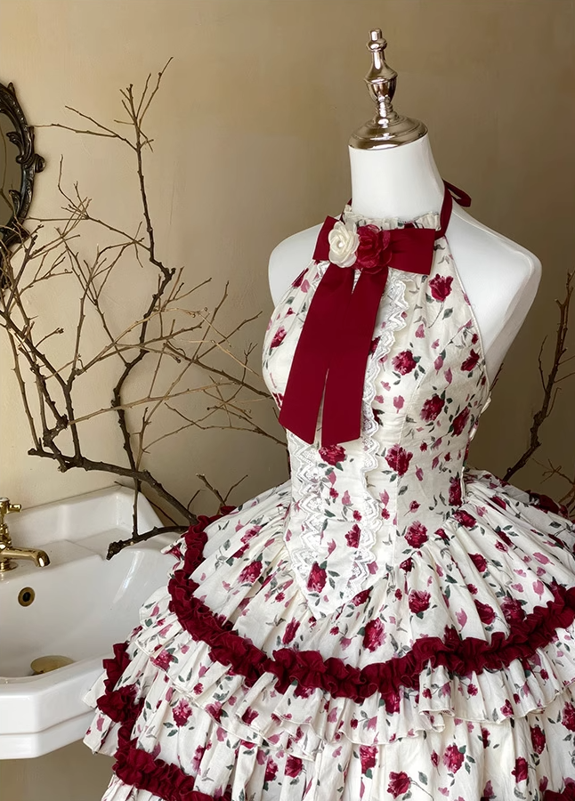 Romantic A-Line Halter Neck Tiered Backless Birthday Dresses Bow Lace Floral Print Homecoming Dress AP3605